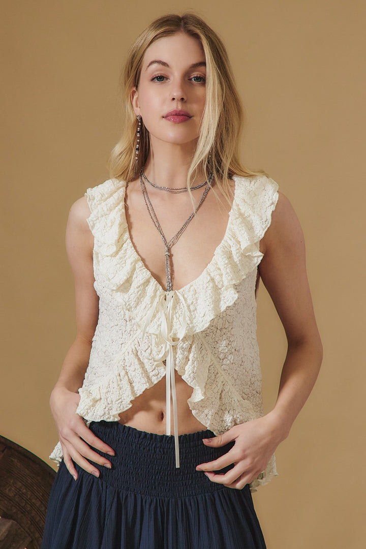 Aakaa Textured Knit Cascade Ruffle Sleeveless Top