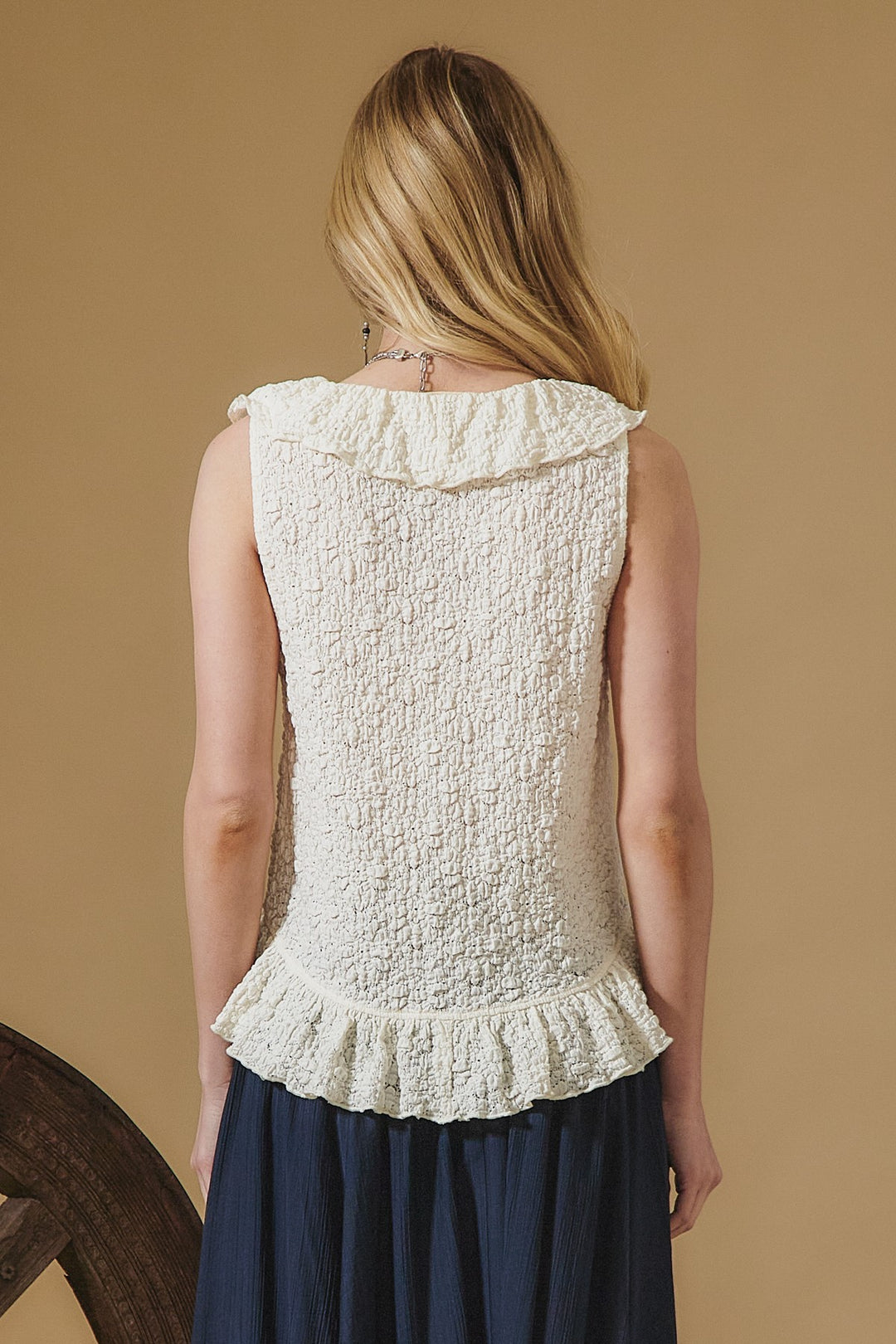 Aakaa Textured Knit Cascade Ruffle Sleeveless Top