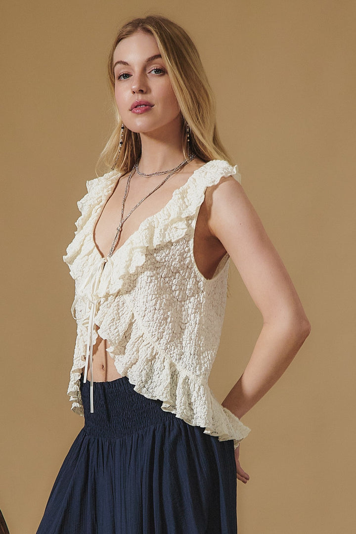 Aakaa Textured Knit Cascade Ruffle Sleeveless Top