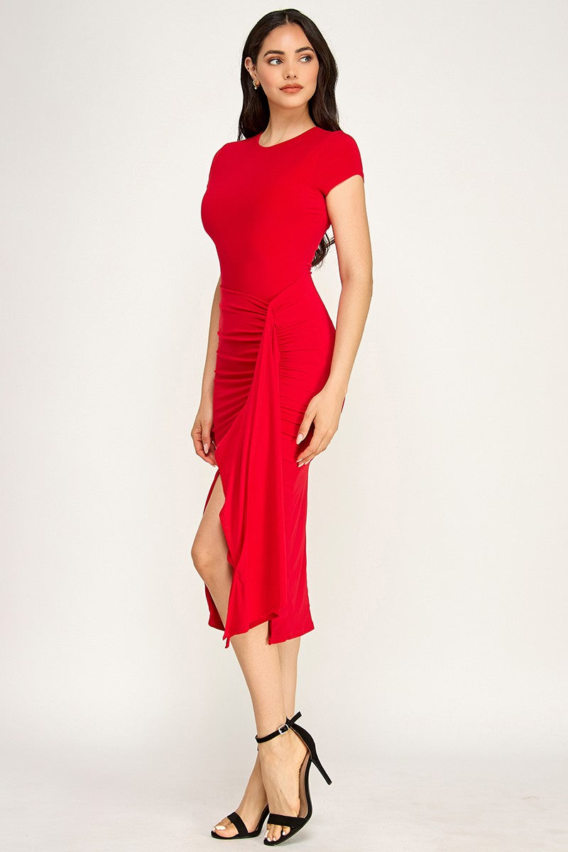 Spring Haze Front Slit Sash Detail Midi Dress