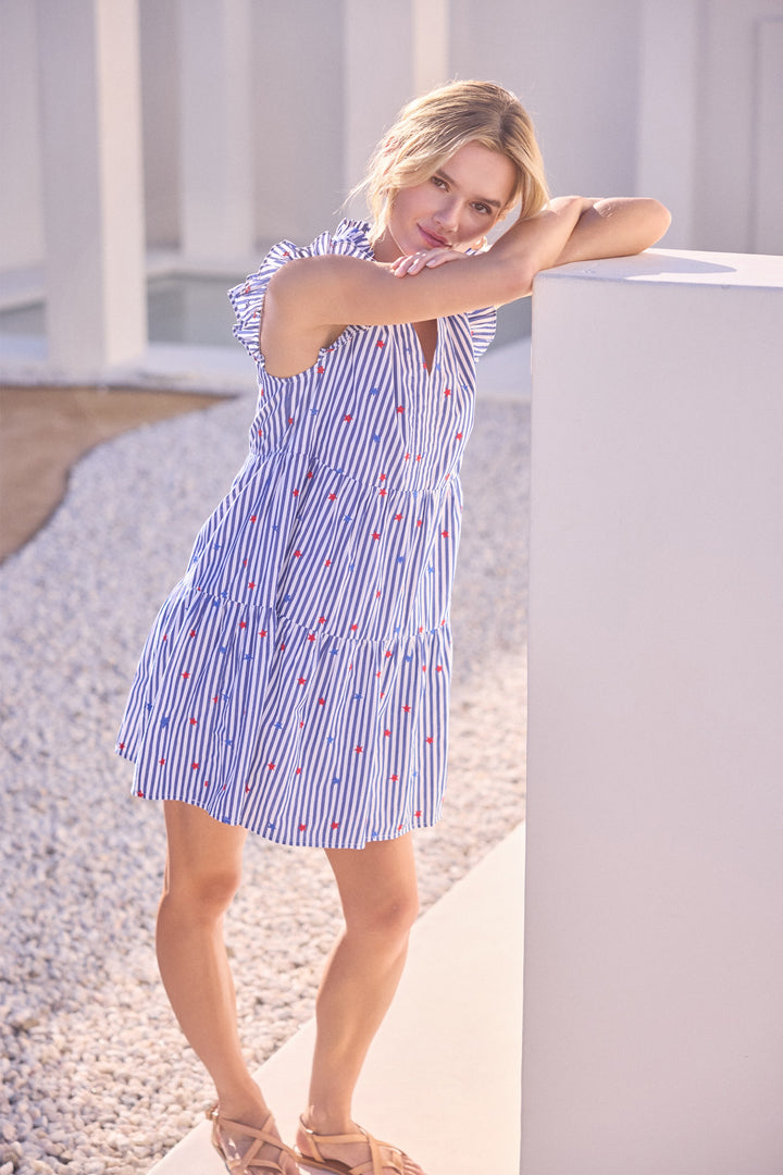 Skies Are Blue Striped Mini Dress With Star Embroidery