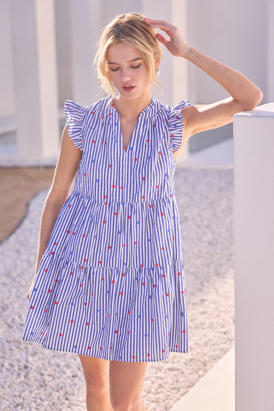 Skies Are Blue Striped Star Embroidered Split V-Neck Ruffle Sleeve Tiered Mini Dress, Womens, M, Blue/White