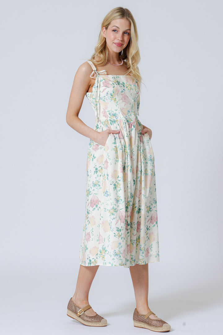 Aakaa Floral Poplin Bustier Midi Dress With Tie Strap