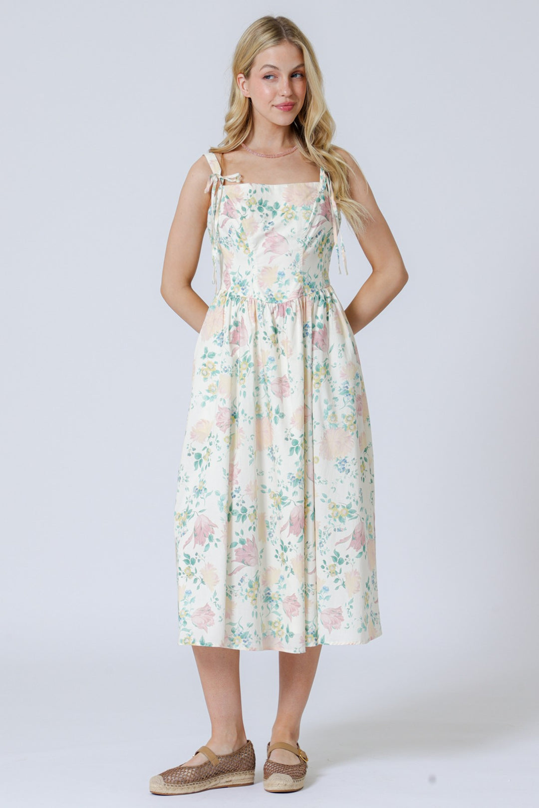 Aakaa Floral Poplin Bustier Midi Dress With Tie Strap