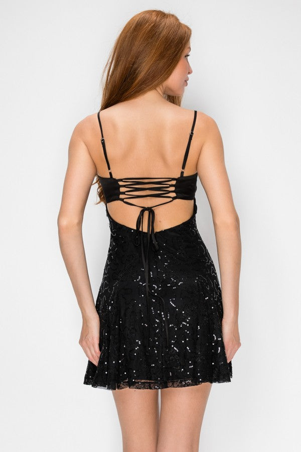 Lovesome Sequin Lace Fit and Flare Mini Dress
