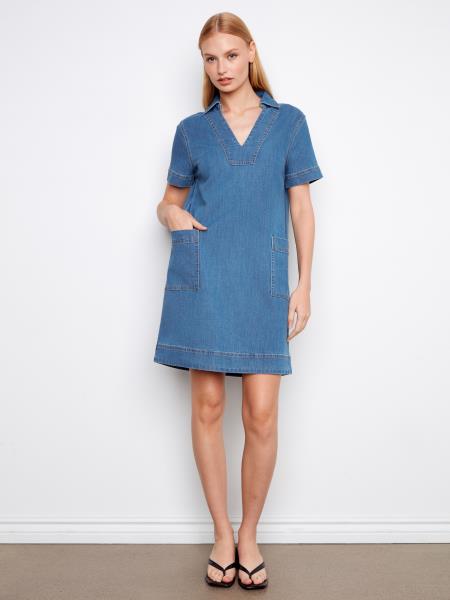 Charlie B Collared V-Neck Denim Mini Dress