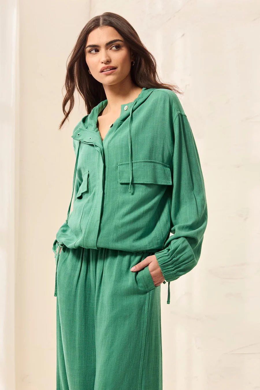 Tribal Lightweight Linen Button-Front Hooded Jacket