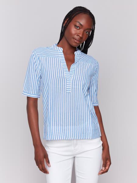 Charlie B Yam Dye Popover Short Sleeve Blouse