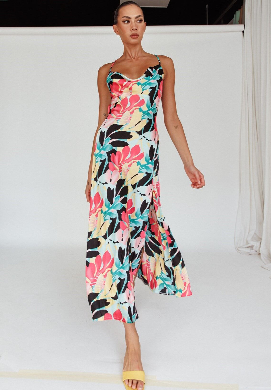 floral cowl neck midi dress Butter Yellow Cowl Neck Cheryl Midi Dress