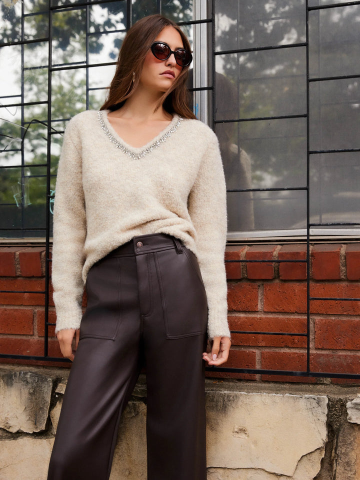 Fifteen Twenty Ash Embellished V Neck Sweater