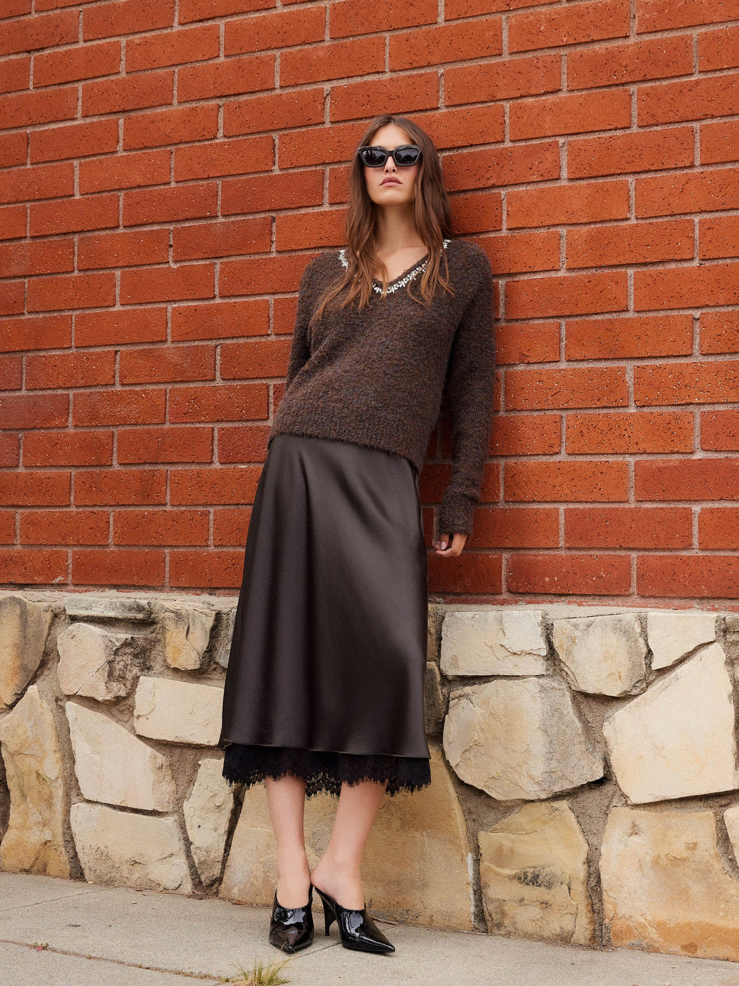 Fifteen Twenty Ash Embellished V Neck Sweater