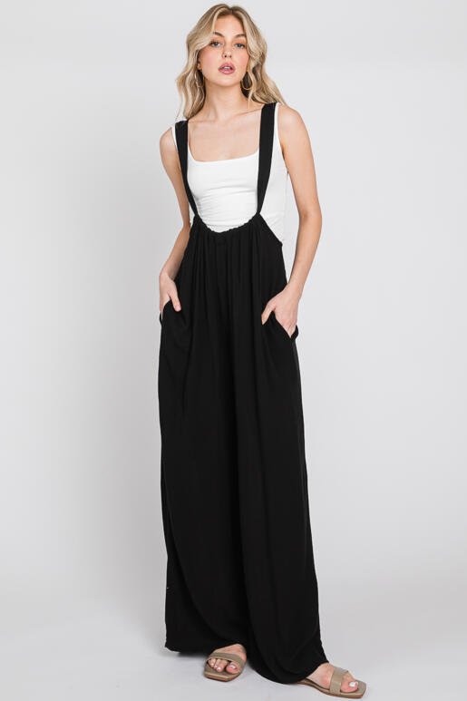 Final Touch Washed Woven Solid Suspender Style Jumpsuit