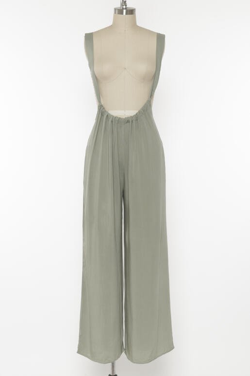 Final Touch Washed Woven Solid Suspender Style Jumpsuit