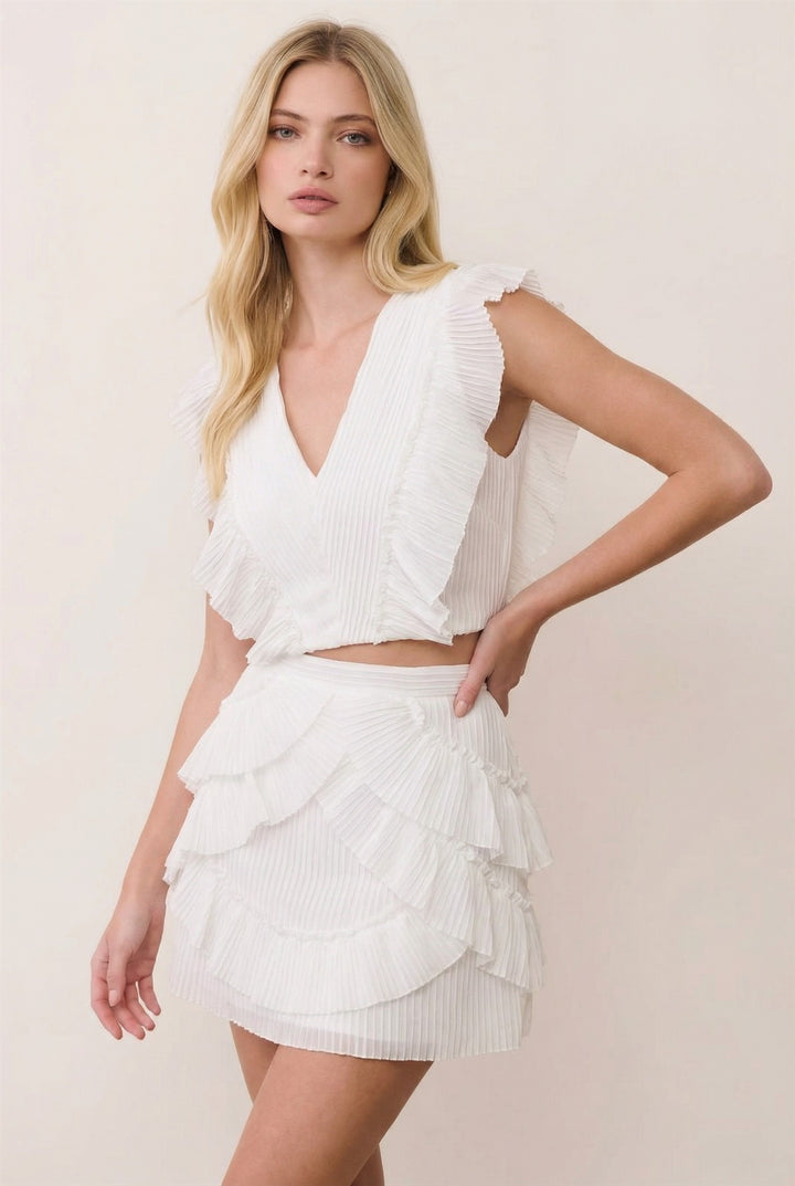 Lena Ruffled Cut-out Back Detail V-Neck Top & Ruffled Mini Skirt Set