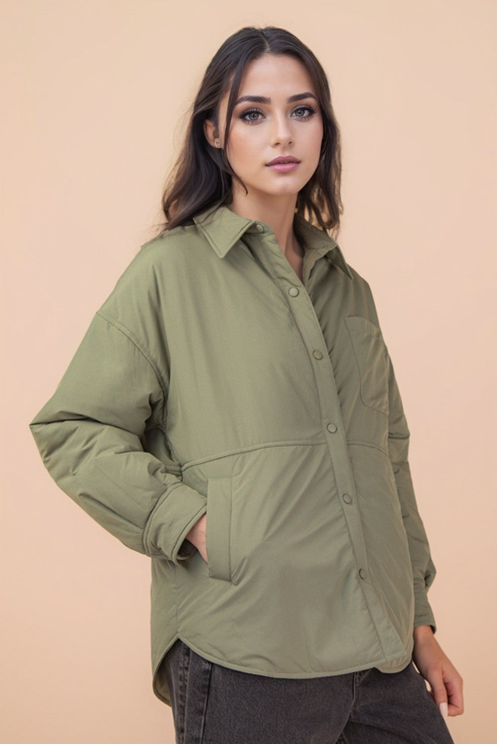 Very J Oversized Button Down Casual Solid Jacket