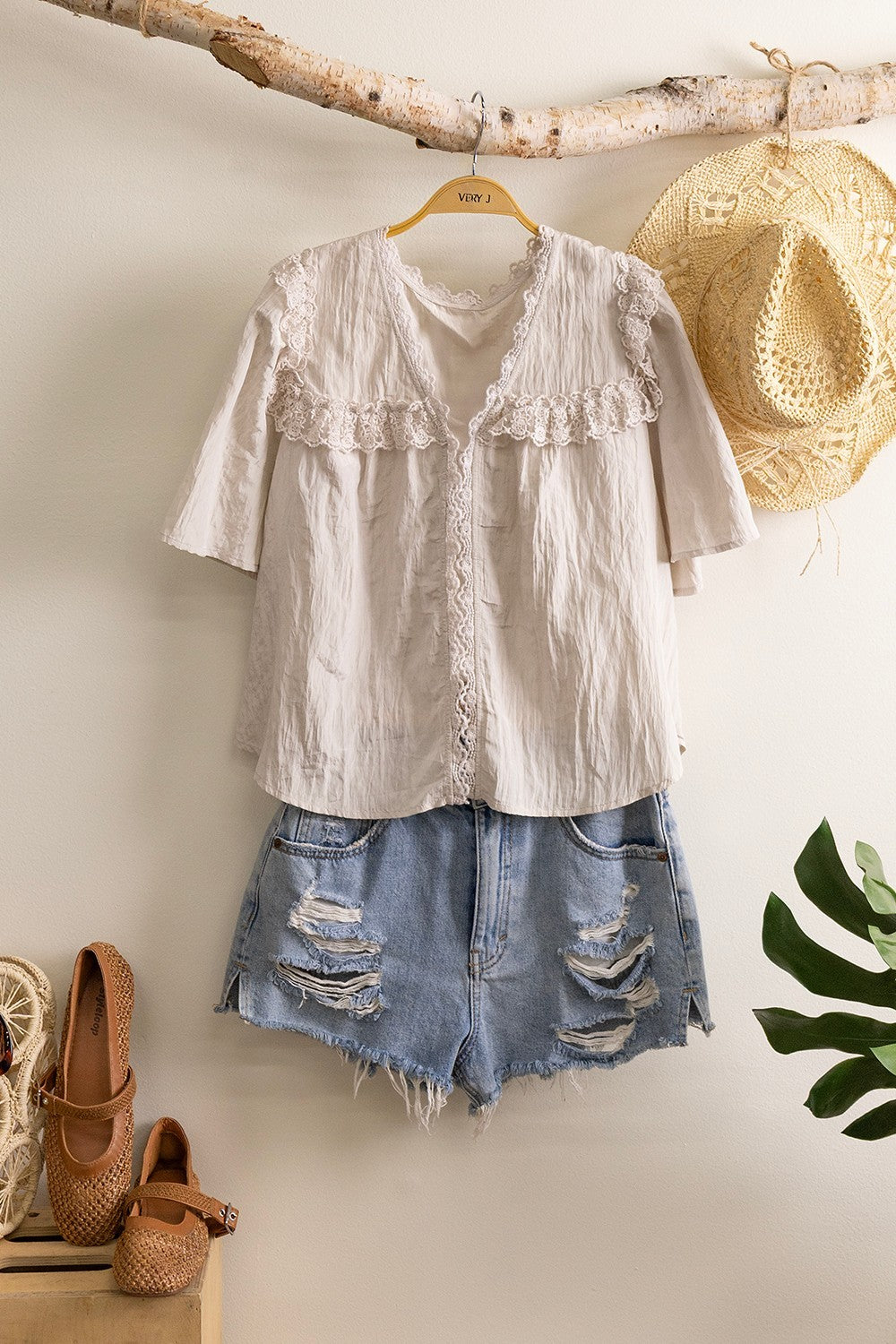 Very J Lace Trim Button Front Blouse