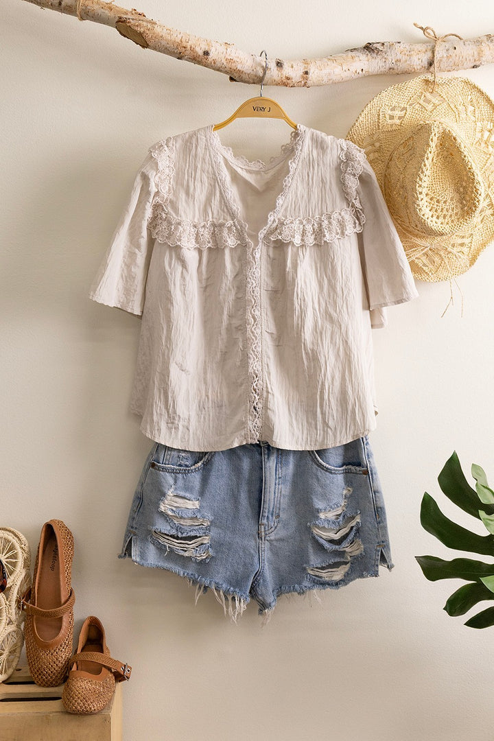 Very J Lace Trim Button Front Blouse