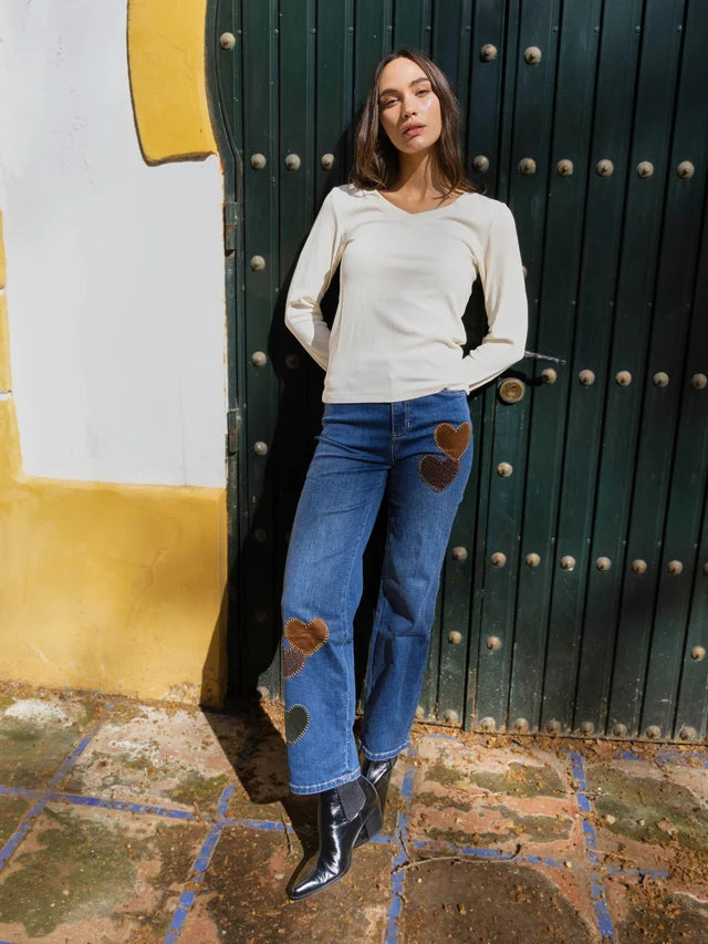 Charlie B Straight Leg Pants With Corduroy and Leopard Heart Patches