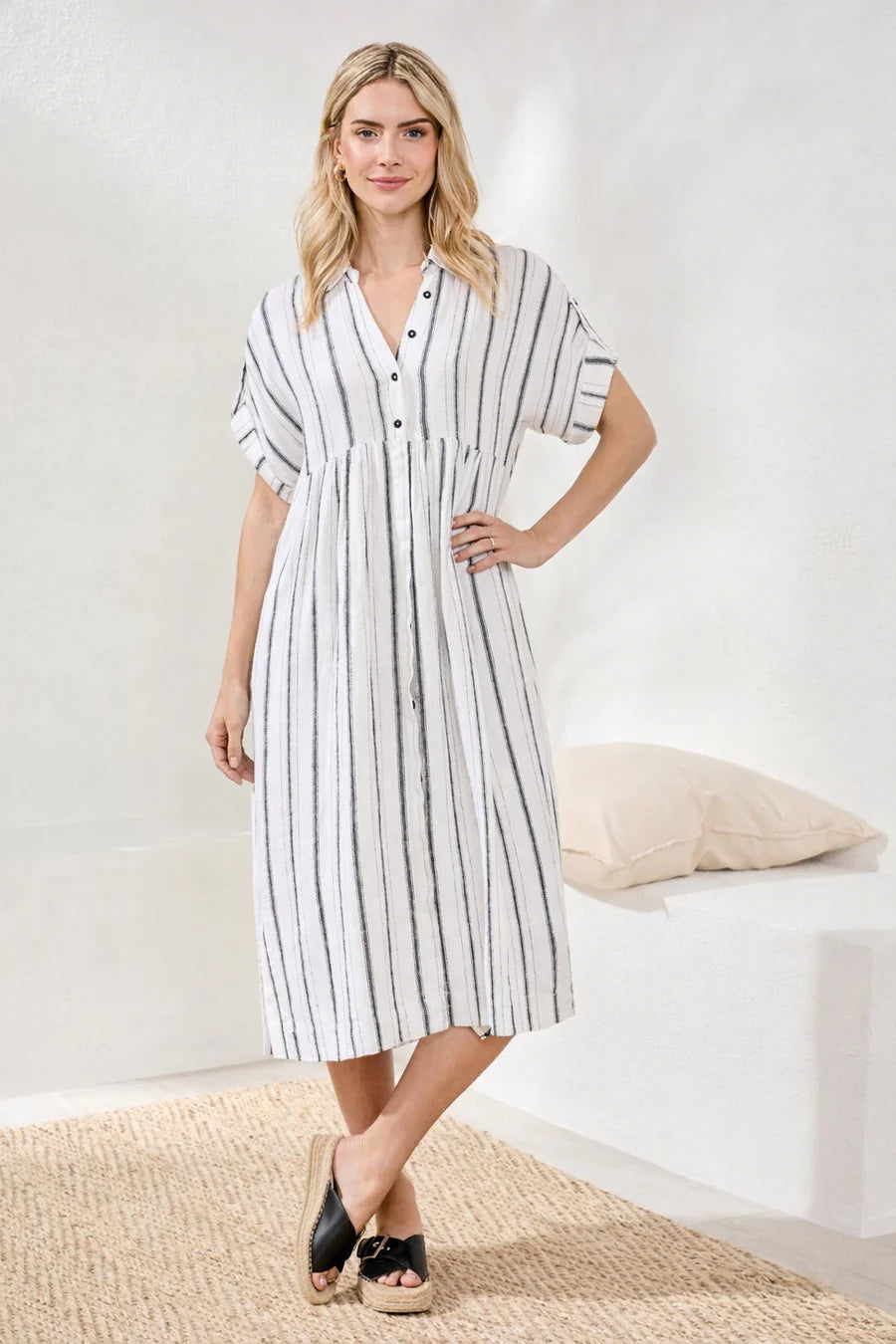 Tribal Flowy Shirt Dress With Slit & Hidden Placket White/Black / XXS