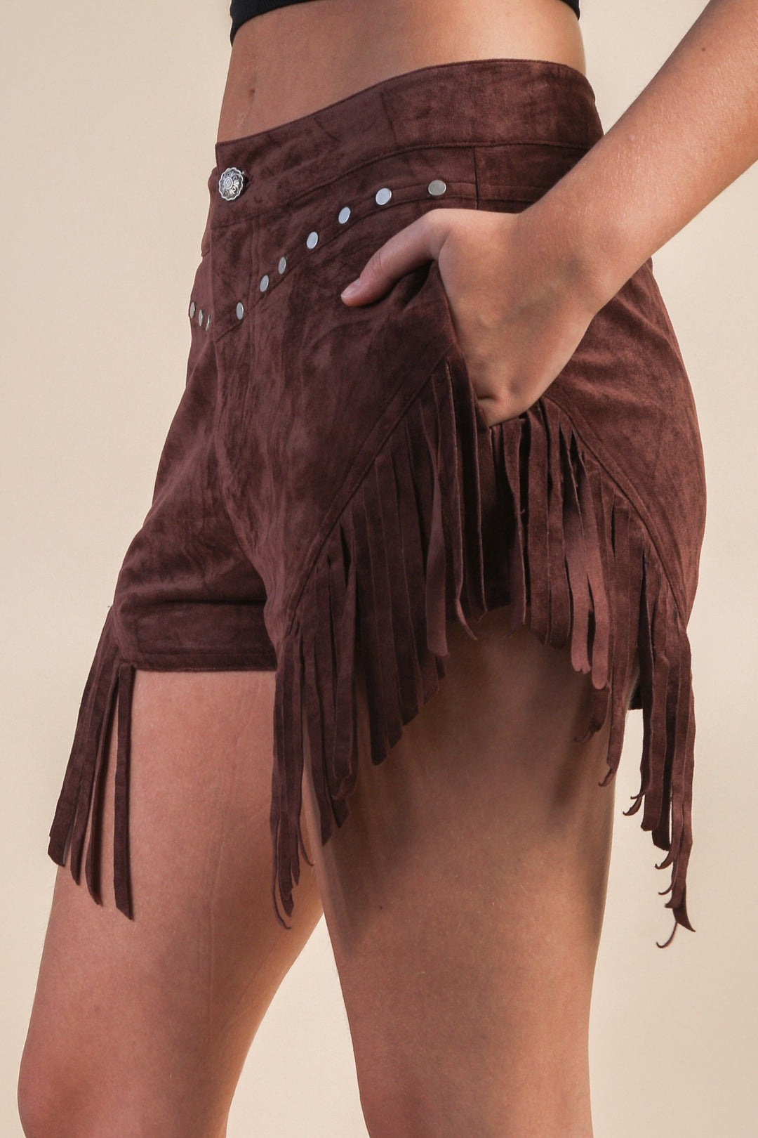 Very J Fringe Detail Suede Western Shorts