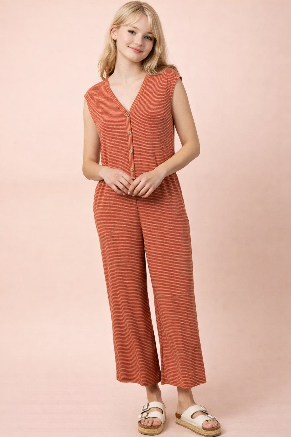 Very J Striped Knit Wide Leg Jumpsuit
