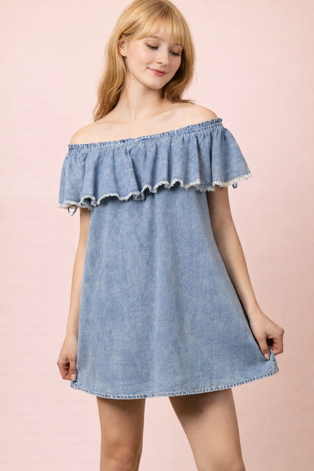 Very J Off-The-Shoulder Chambray Mini Dress