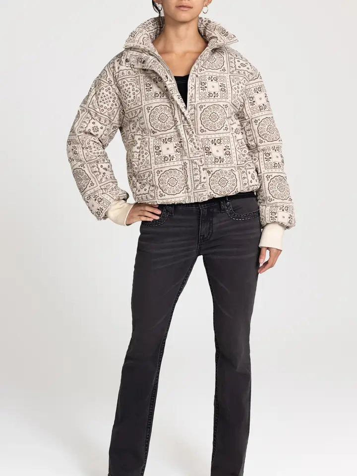 Miss Me Paisley Print Corduroy Texture Puffer Jacket