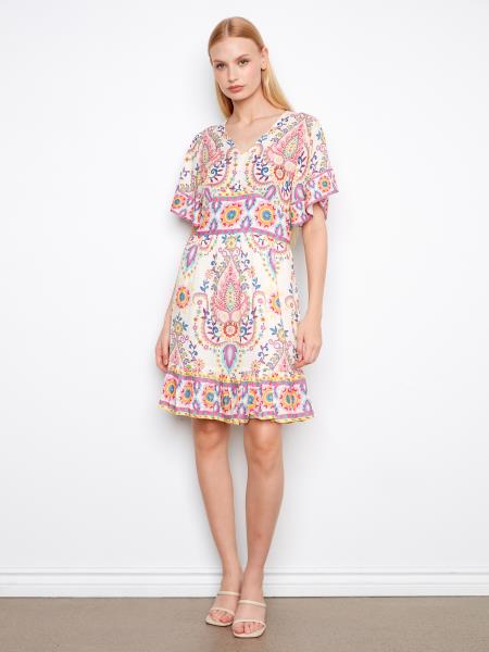 Charlie B Printed V-Neck Flutter Sleeve Dress