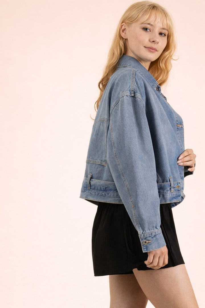 Very J Washed Denim Casual Button Down Jacket