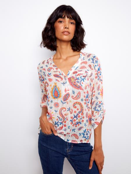 Charlie B Printed Cotton Gauze Half-Button Blouse