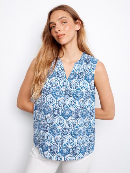 Charlie B Printed Sleeveless Ruffle Neck Top