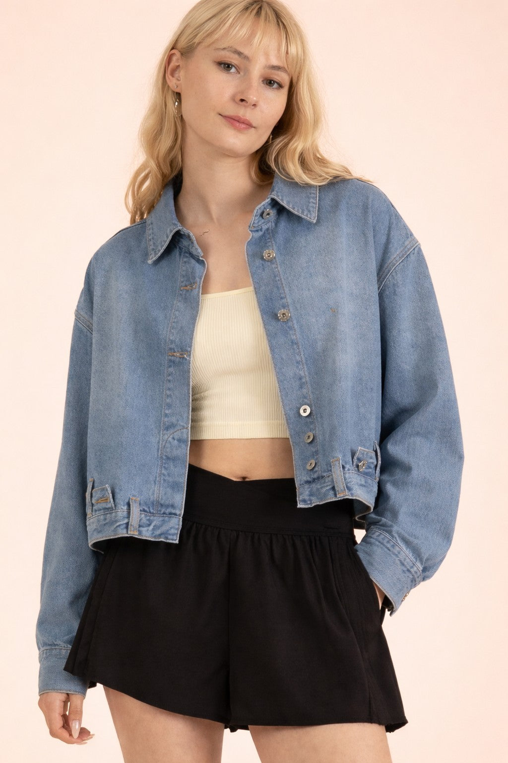 Very J Washed Denim Casual Button Down Jacket