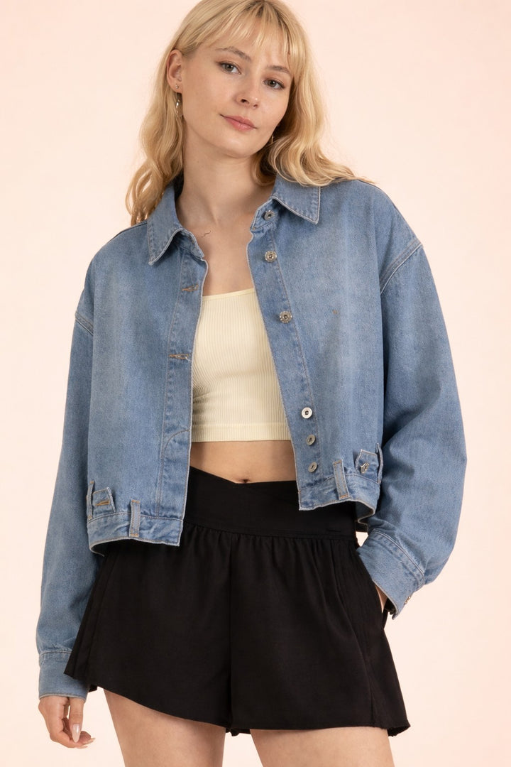 Very J Washed Denim Casual Button Down Jacket