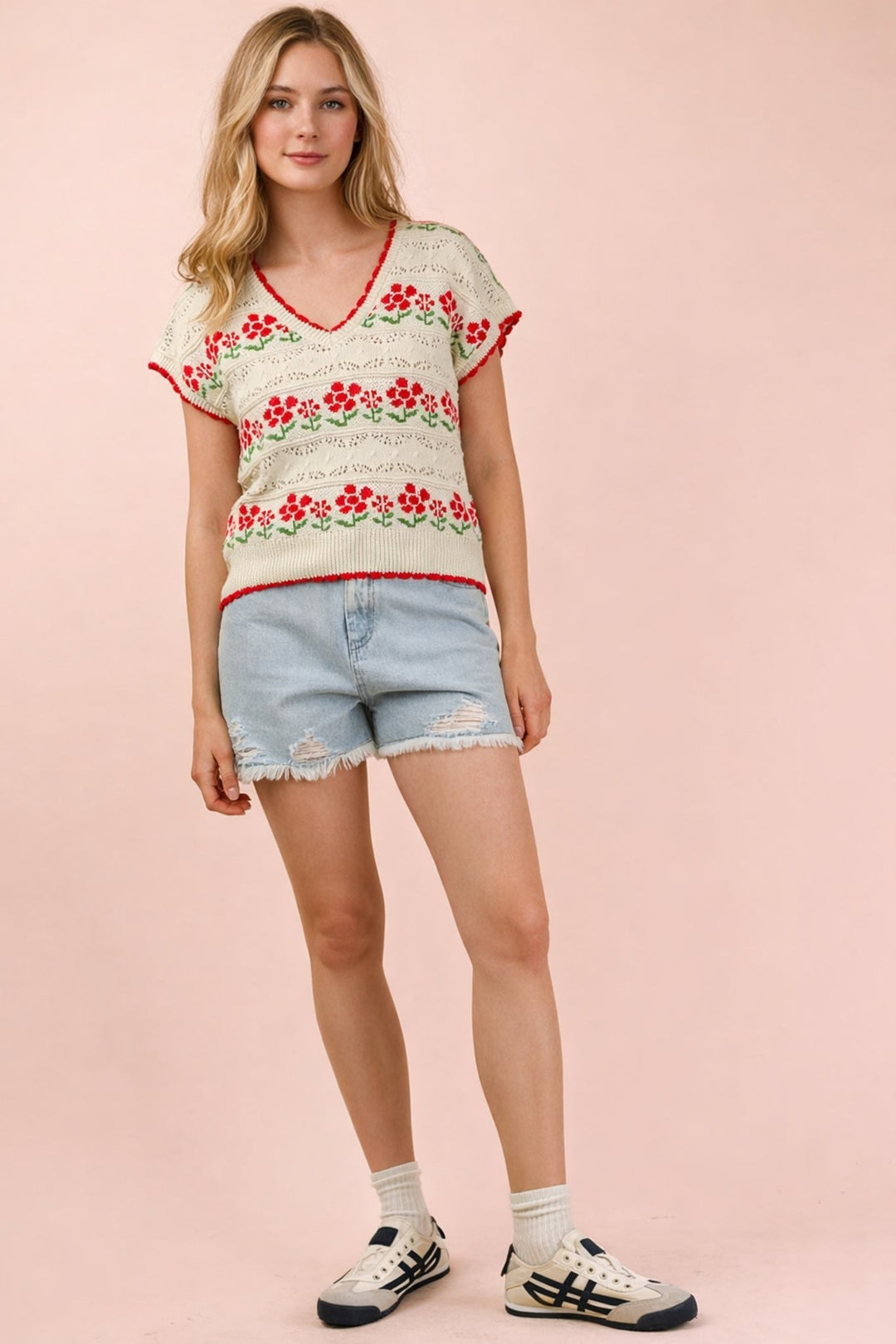 Very J Striped V-Neck Short Sleeve Sweater
