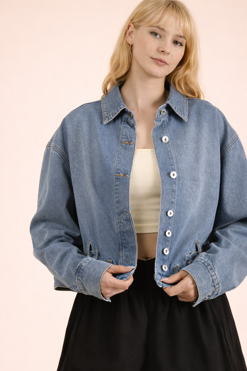 Very J Washed Denim Casual Button Down Jacket