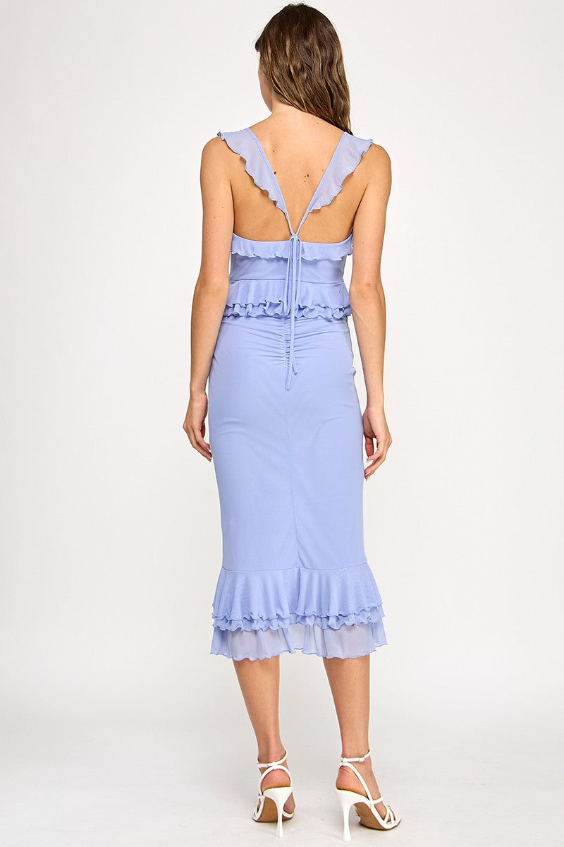 Spring Haze Mesh Ruffle, Shirring Midi Dress