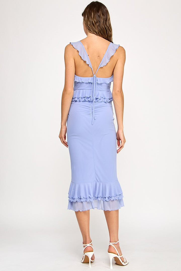Spring Haze Mesh Ruffle, Shirring Midi Dress