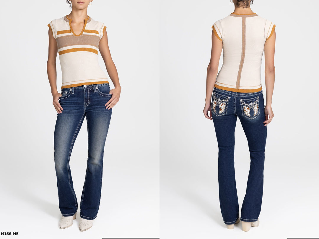 Miss Me Striped Capped Sleeve Top with Collar