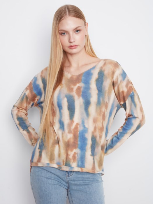 Charlie B Printed Long Sleeve V- Neck Top