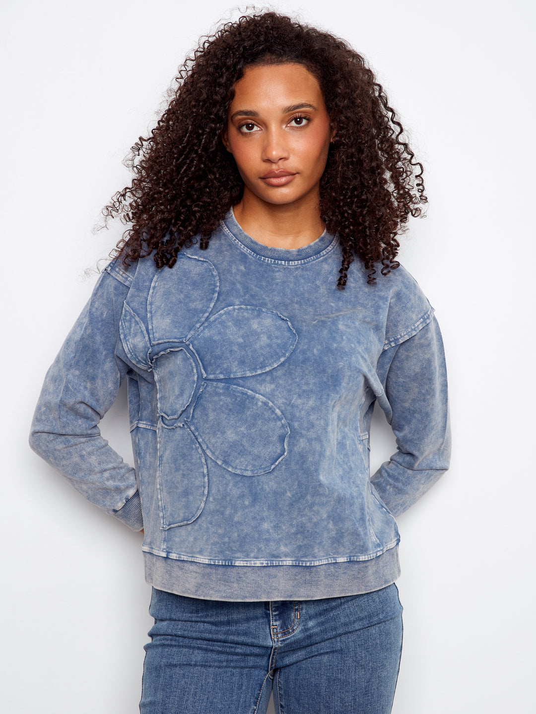 Charlie B Long Sleeve Top With Flower Appliqué