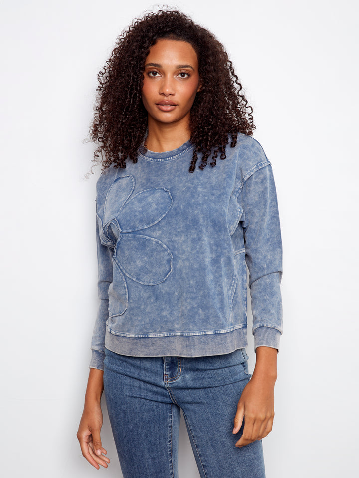 Charlie B Long Sleeve Top With Flower Appliqué