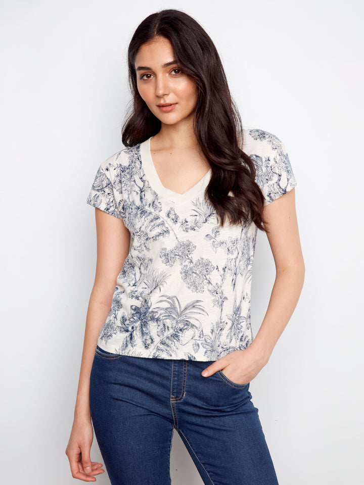 Charlie B Printed Organic Cotton Drop Shoulder Short V-Neck T-Shirt