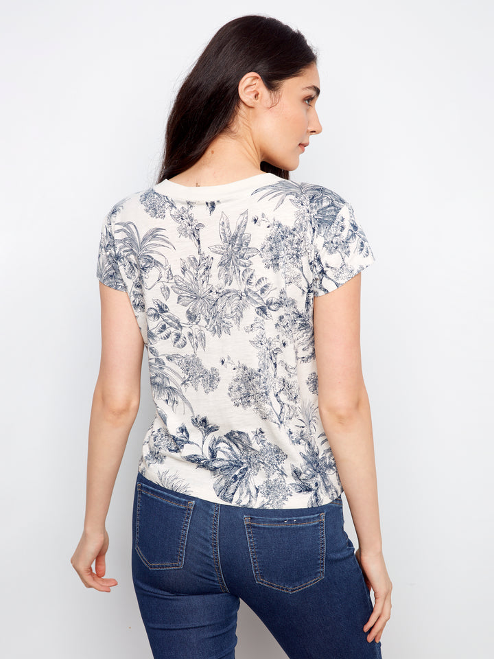 Charlie B Printed Organic Cotton Drop Shoulder Short V-Neck T-Shirt