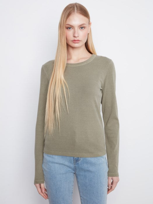 Charlie B Tencel Rib Long Sleeve Crew Neck Top