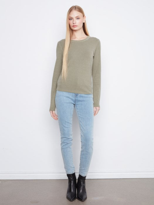 Charlie B Tencel Rib Long Sleeve Crew Neck Top