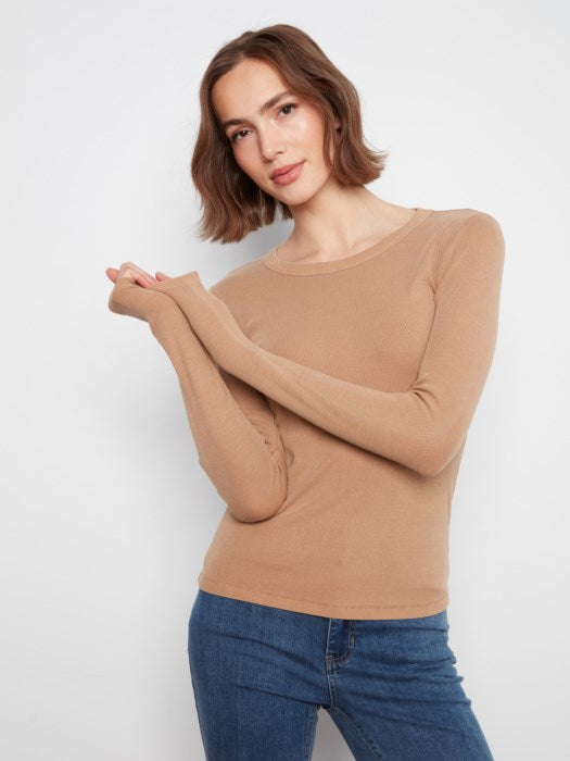 Charlie B Tencel Rib Long Sleeve Crew Neck Top