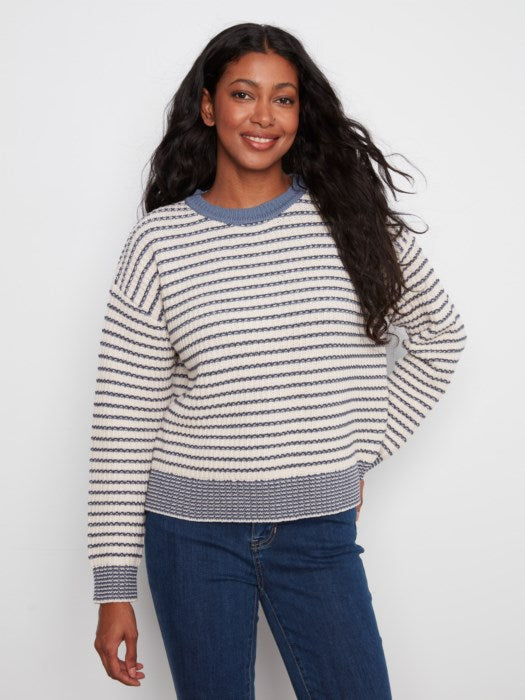 Charlie B Long Sleeve Drop Shoulder Yarn Dye Striped Crew Neck Sweater