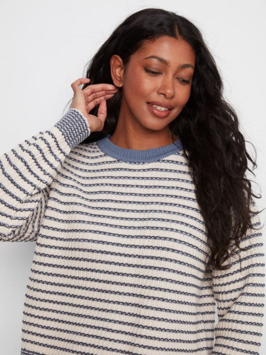 Charlie B Long Sleeve Drop Shoulder Yarn Dye Striped Crew Neck Sweater