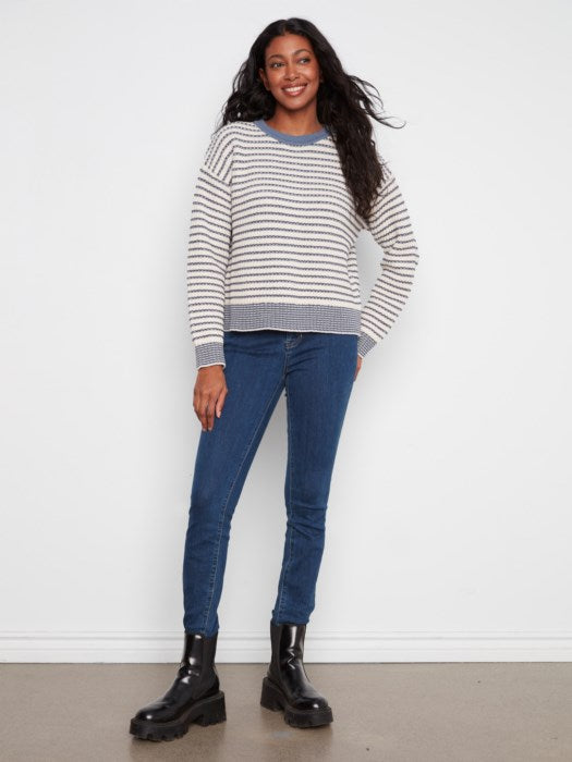 Charlie B Long Sleeve Drop Shoulder Yarn Dye Striped Crew Neck Sweater