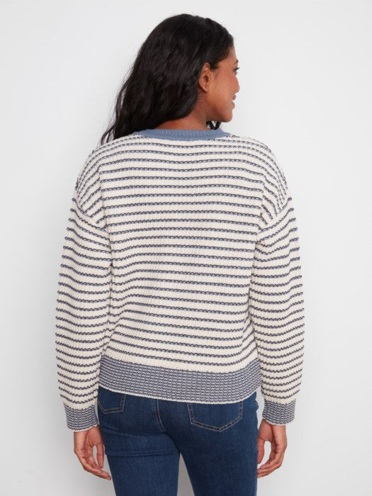 Charlie B Long Sleeve Drop Shoulder Yarn Dye Striped Crew Neck Sweater